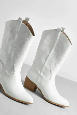 New boohoo Wide Fit Tab Detail Ankle Cowboy Western Boots white