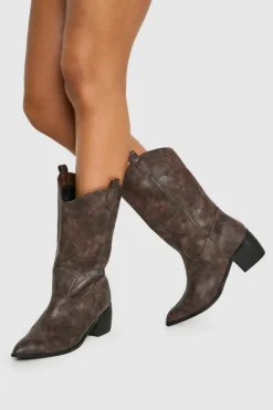 Discount boohoo Wide Fit Vintage Look Tab Detail Ankle Cowboy Western Boots brown