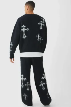 Sale boohooMAN Wide Leg Eyelash Knit Cross Graphic Jogger black