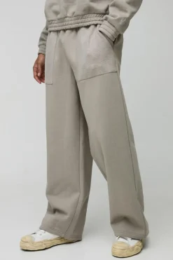 Cheap boohooMAN Wide Leg Heavyweight Reverse Pocket 3D Embroidered Joggers taupe