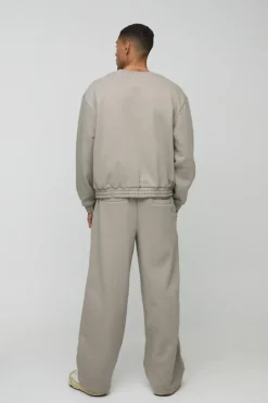 Cheap boohooMAN Wide Leg Heavyweight Reverse Pocket 3D Embroidered Joggers taupe