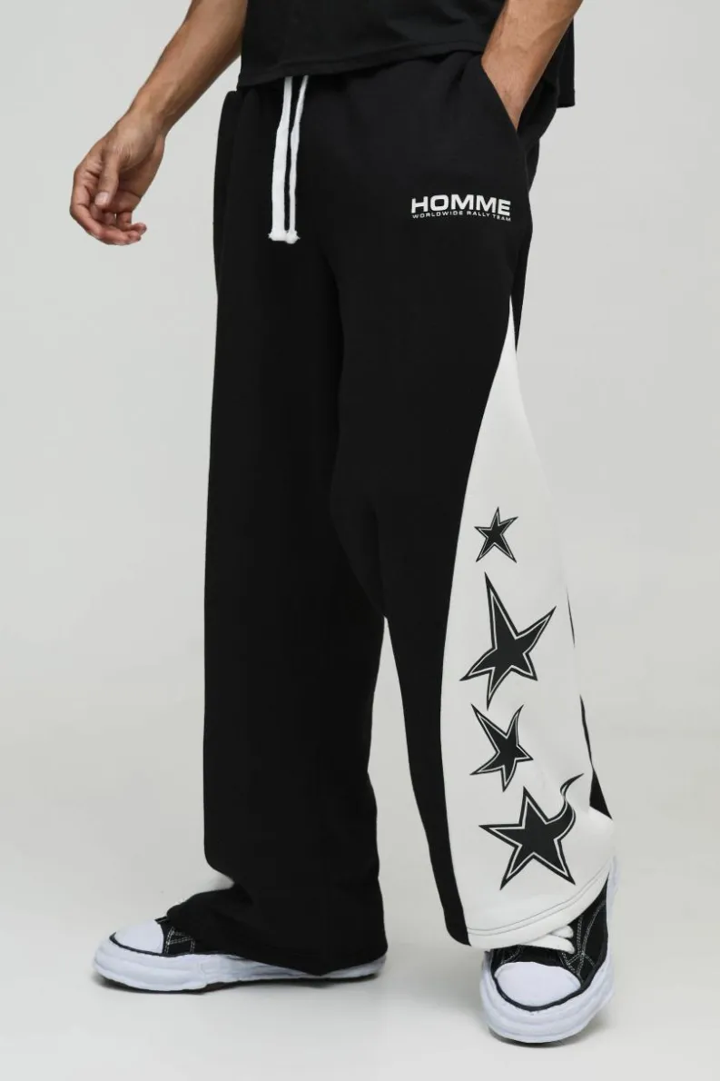 Best boohooMAN Wide Leg High Gusset Star Jogger black