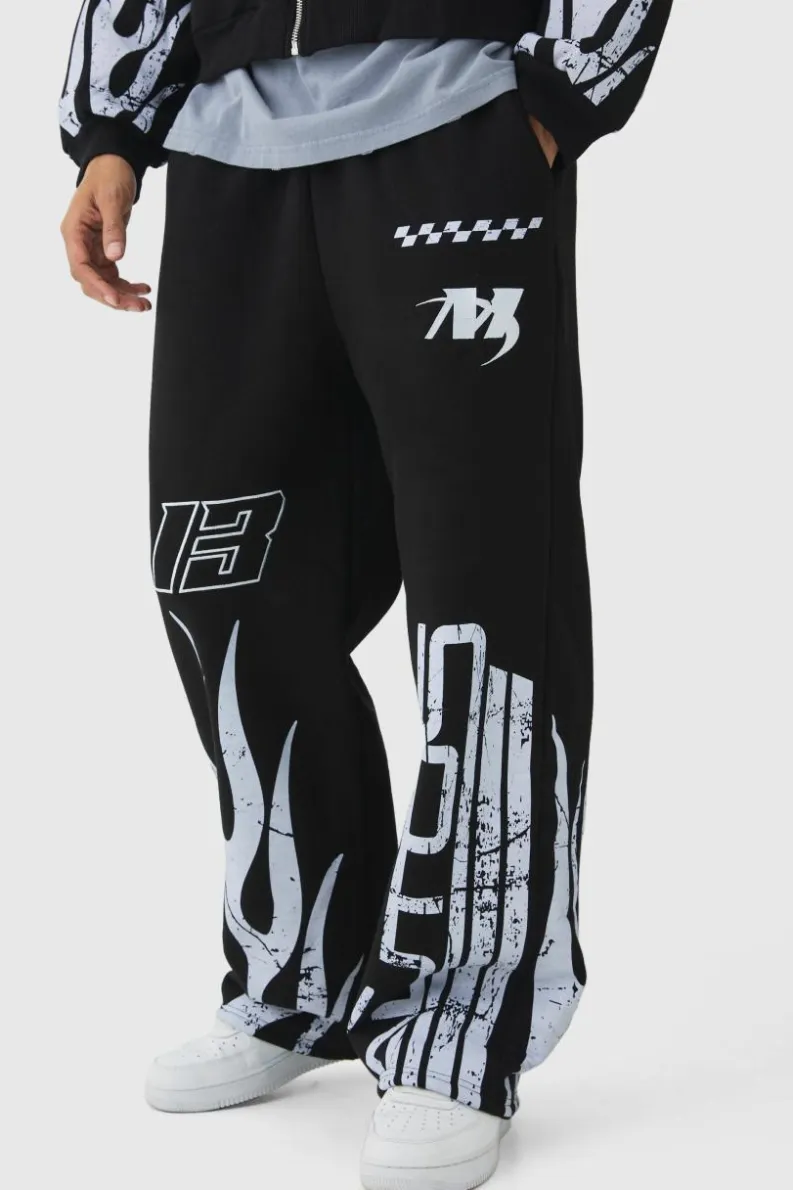 Cheap boohooMAN Wide Leg Moto Flame Jogger black
