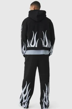 Cheap boohooMAN Wide Leg Moto Flame Jogger black