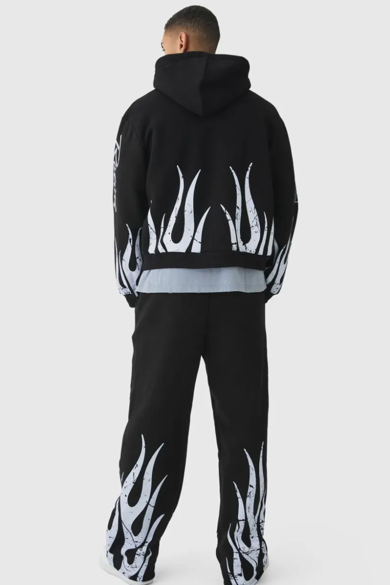 Cheap boohooMAN Wide Leg Moto Flame Jogger black