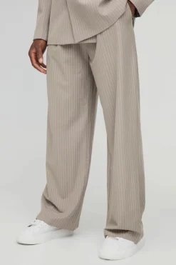 Outlet boohooMAN Wide Leg Pinstripe Fixed Waist Trouser stone
