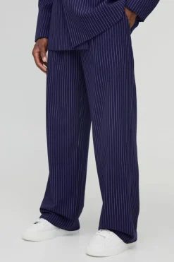 Best Sale boohooMAN Wide Leg Pinstripe Fixed Waist Trouser navy