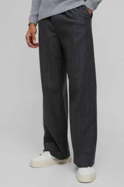 Cheap boohooMAN Wide Leg Pinstripe Wool-Look Tailored Trousers charcoal