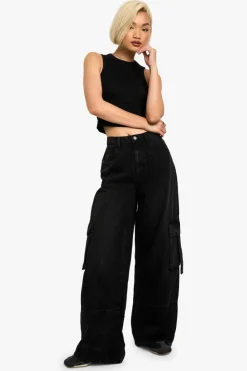 Cheap boohoo Wide Leg Pocket Detail Jean washed black