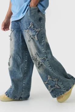 Hot boohooMAN Wide Leg Rigid Star Distressed Applique Jeans vintage blue