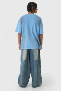 Hot boohooMAN Wide Leg Rigid Star Distressed Applique Jeans vintage blue
