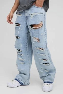 New boohooMAN Wide Leg Skater All Over Ripped Distressed Jeans light blue