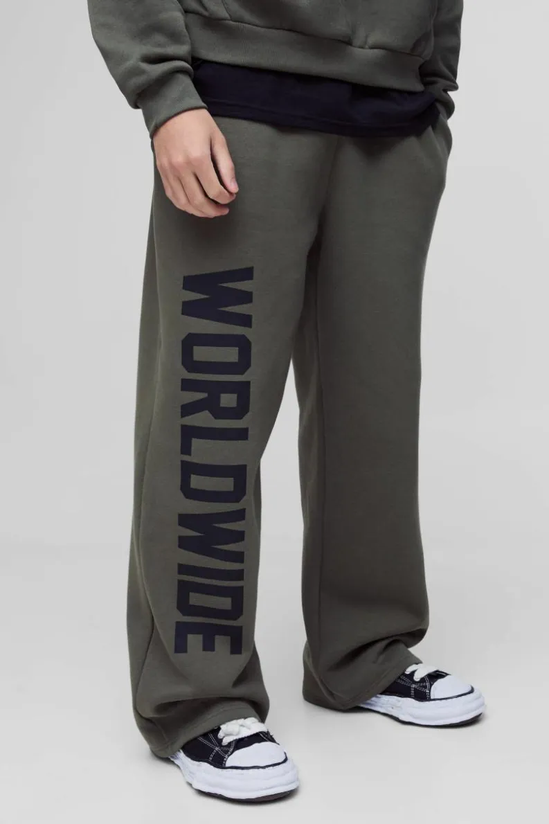 Store boohooMAN Wide Leg Worldwide Print Jogger khaki