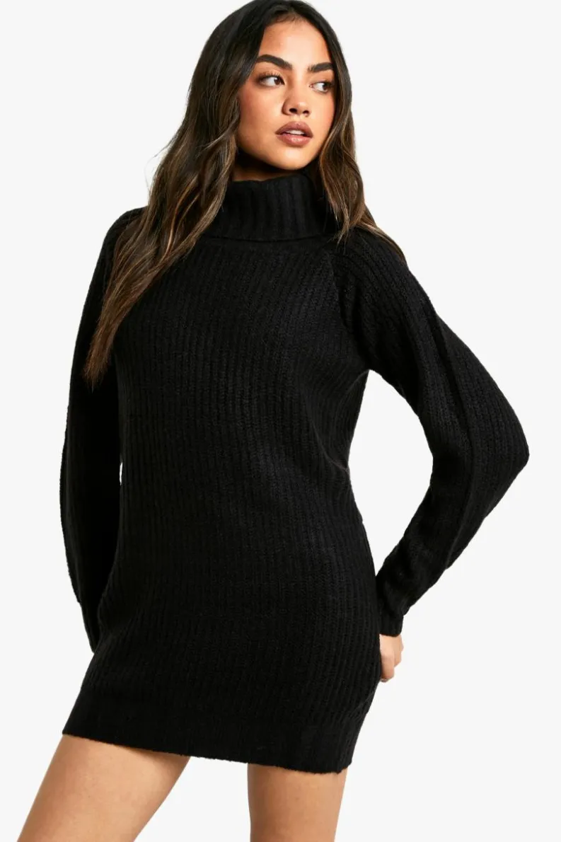 Discount boohoo Wide Rib Bardot Neckline Mini Jumper Dress black