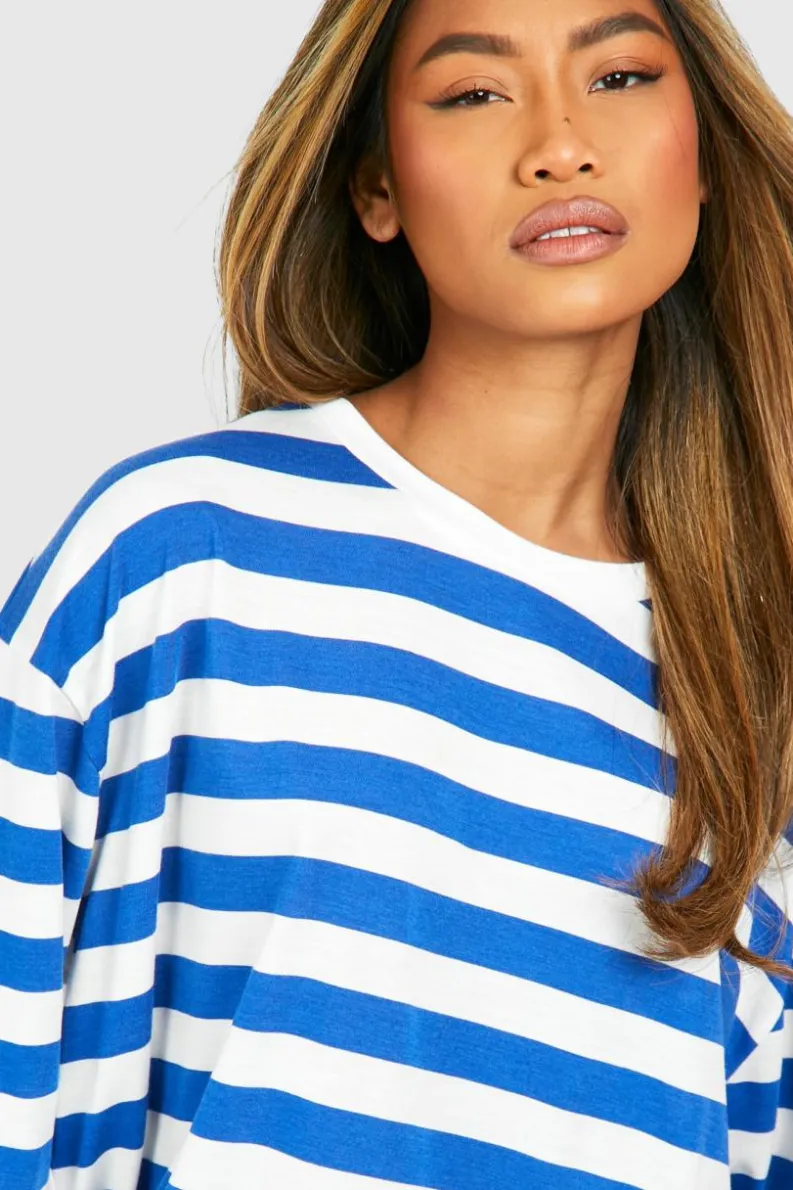 Best Sale boohoo Wide Sleeve Wide Stripe T-shirt blue