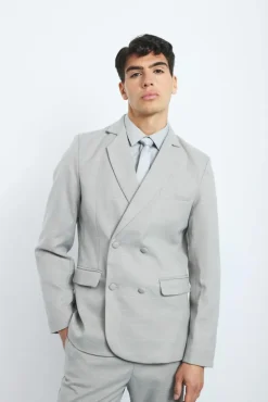 Discount boohooMAN Window Check Double Breasted Slim Fit Blazer grey