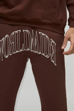 Sale boohooMAN Worldwide Embroidered Contrast Stitch Gusset Jogger chocolate
