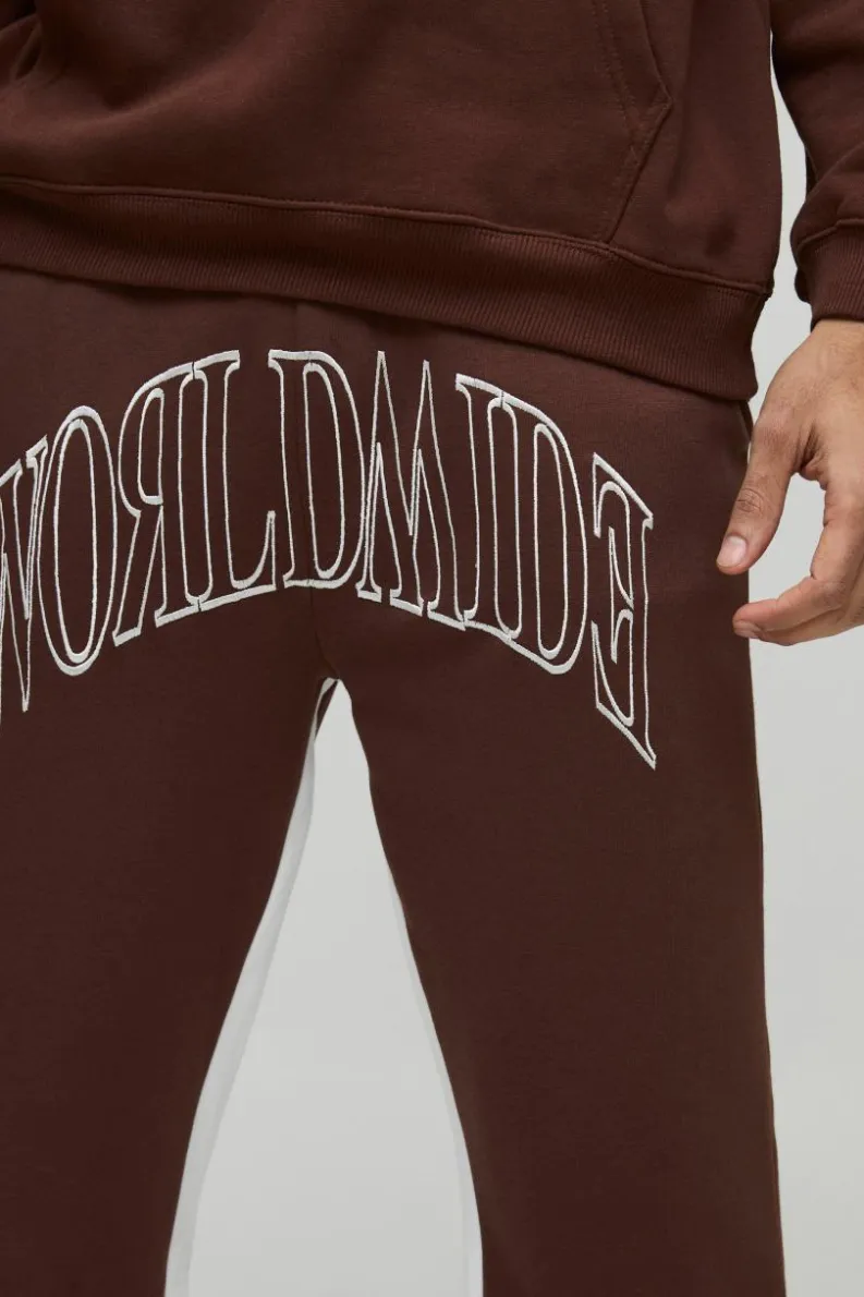 Sale boohooMAN Worldwide Embroidered Contrast Stitch Gusset Jogger chocolate