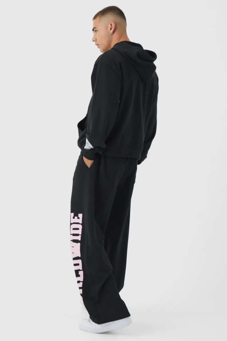 Hot boohooMAN Worldwide Raw Edge Applique Wide Leg Jogger black