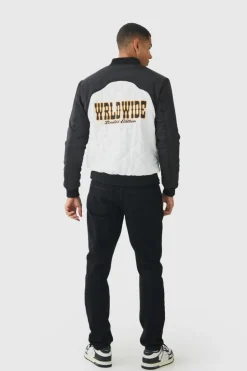 Online boohooMAN Worldwide Satin Quilted Padded Bomber Jacket In black