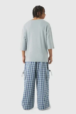 New boohooMAN Woven Check Parachute Cargo Trousers blue
