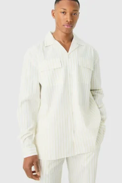 Cheap boohooMAN Woven Stripe Lounge Shirt white