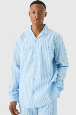 Best boohooMAN Woven Stripe Lounge Shirt blue