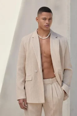 Hot boohooMAN Wrap Front Crinkle Relaxed Suit Jacket nude