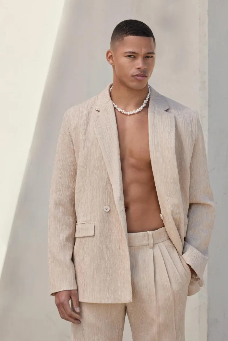 Hot boohooMAN Wrap Front Crinkle Relaxed Suit Jacket nude