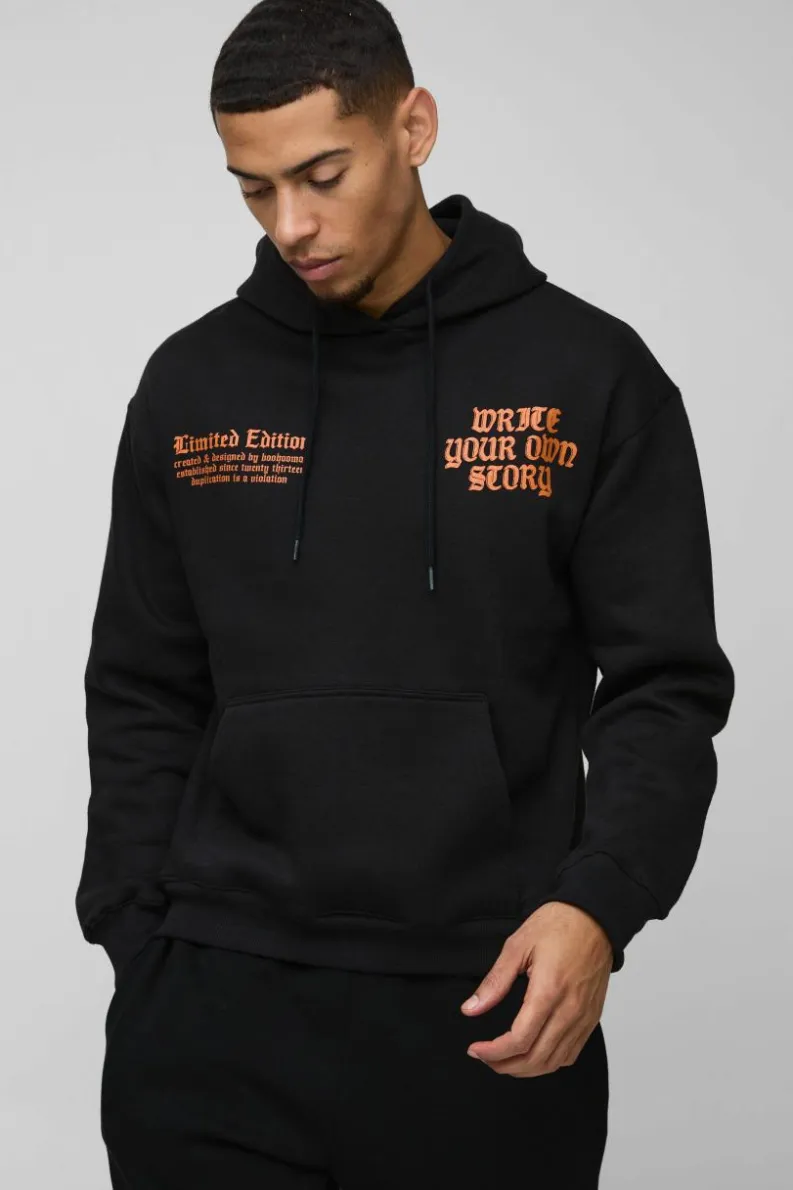 Best boohooMAN Write Your Own Story Cross Text Graphic Hoodie black