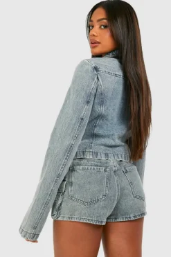 Online boohoo Zip Detail Slim Fit Denim Moto Jacket vintage blue